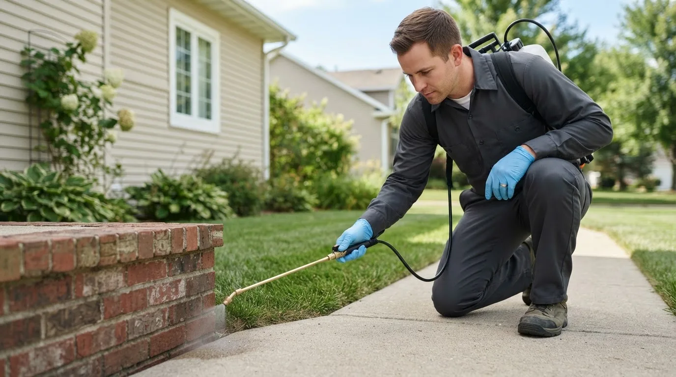Pest control technician treating a home near Lincoln, MA
